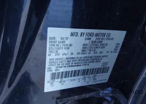 2022 Ford Mustang Mach-E Select из США, поврежденный, VIN 3FMTK1RM4NMA17676